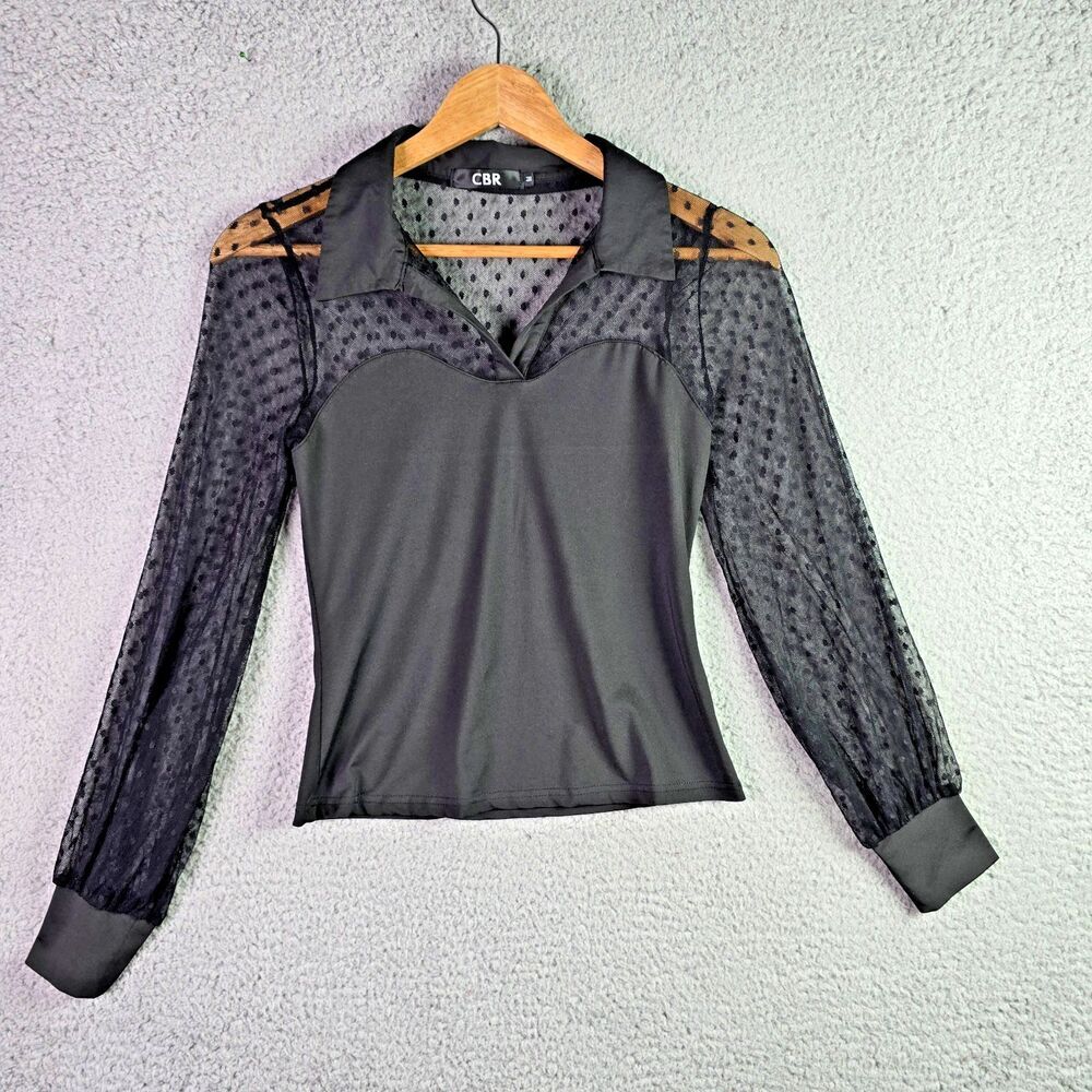 CBR Womens Mesh Sleeve Blouse M Black Polka Dot Romantic Gothic Statement Top